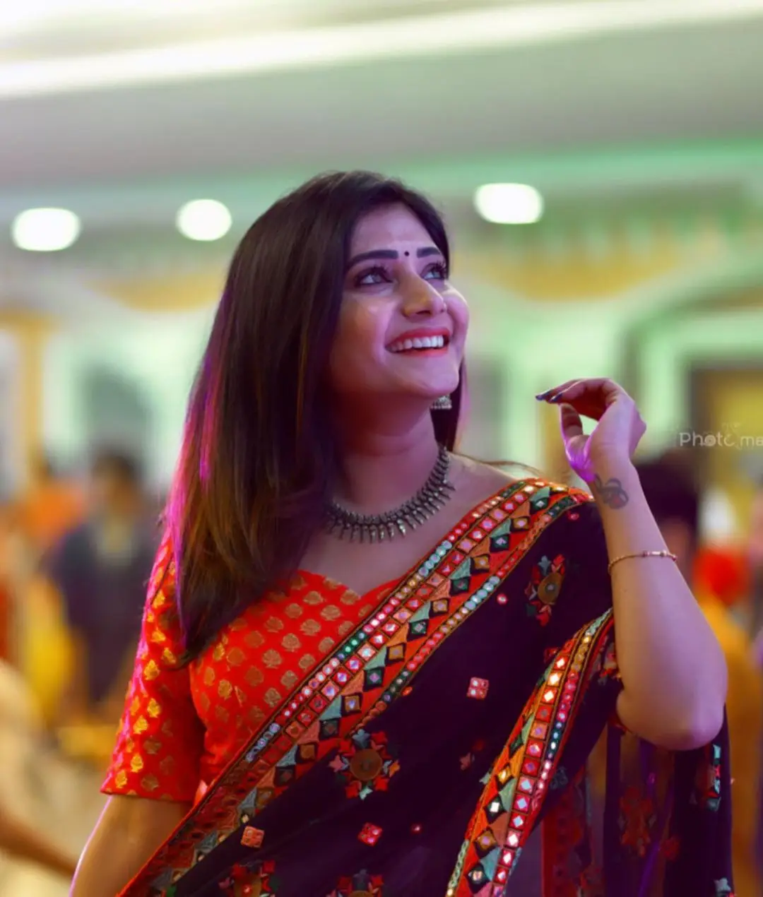 Vasanthi Krishnan Wearing Blue Saree Orange Blouse